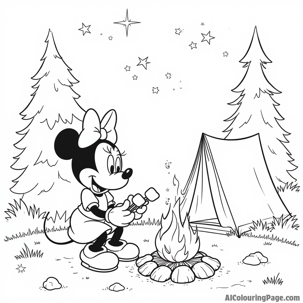 Minnie Mouse camping under the stars, sitting by a campfire, roasting marshmallows, with a tent and trees around her