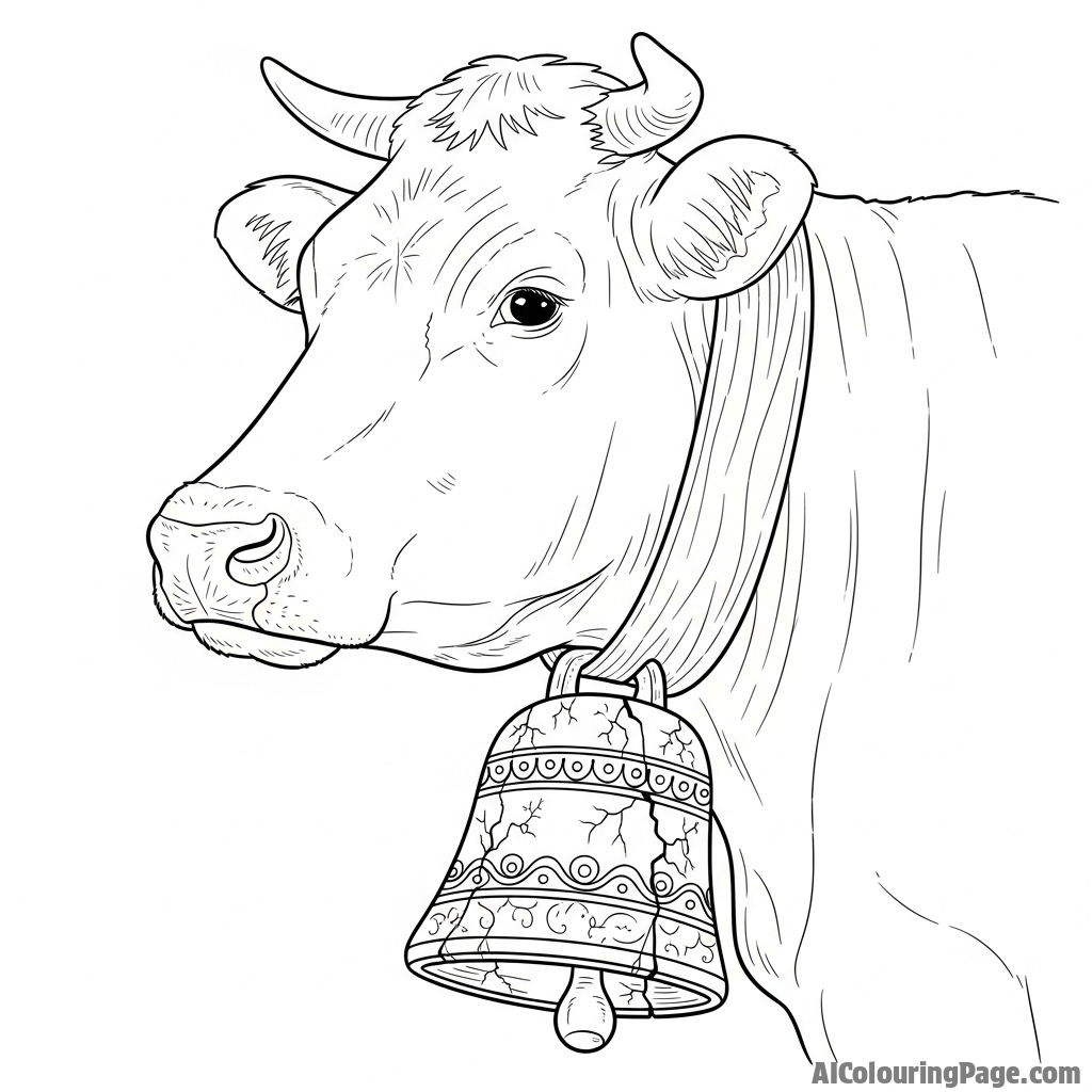 A cow wearing an old, ornate, weathered bell around its neck, detail shot.