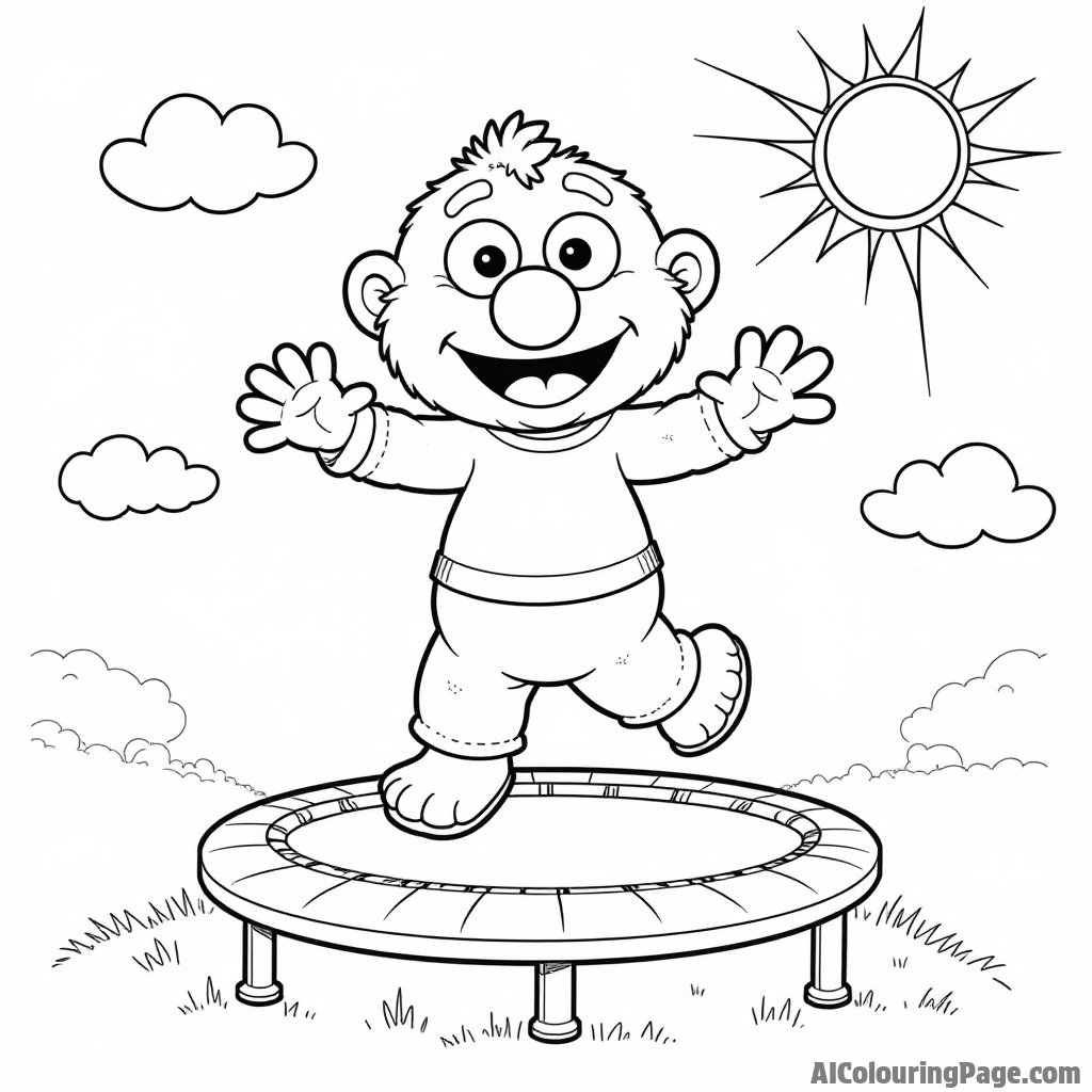 A playful Muppet baby jumping on a colorful trampoline, surrounded by fluffy clouds and a bright sun shining down.