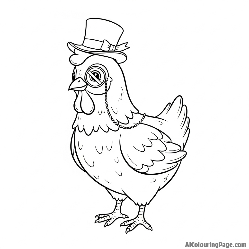 A whimsical illustration of a chicken wearing a tiny top hat and a monocle.