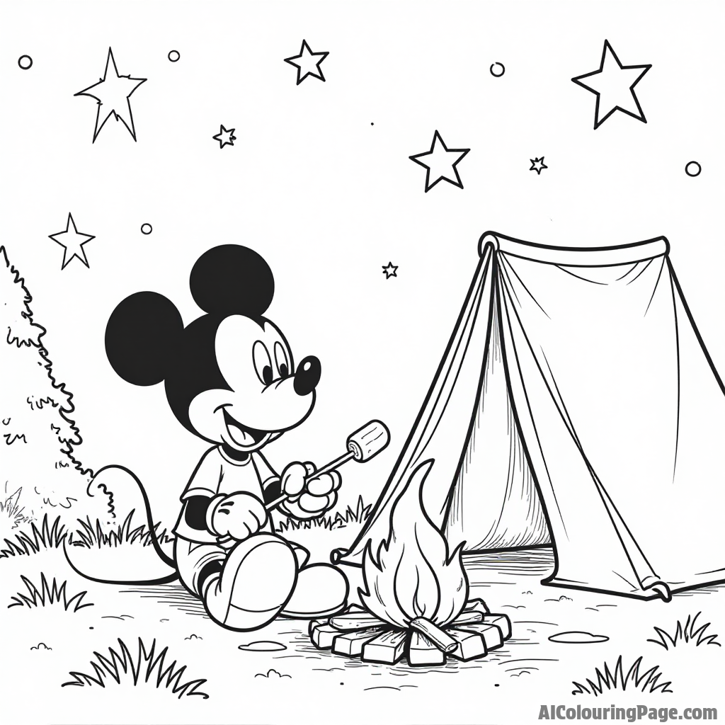 Mickey Mouse camping under the stars, sitting by a campfire with a tent and marshmallows on sticks.