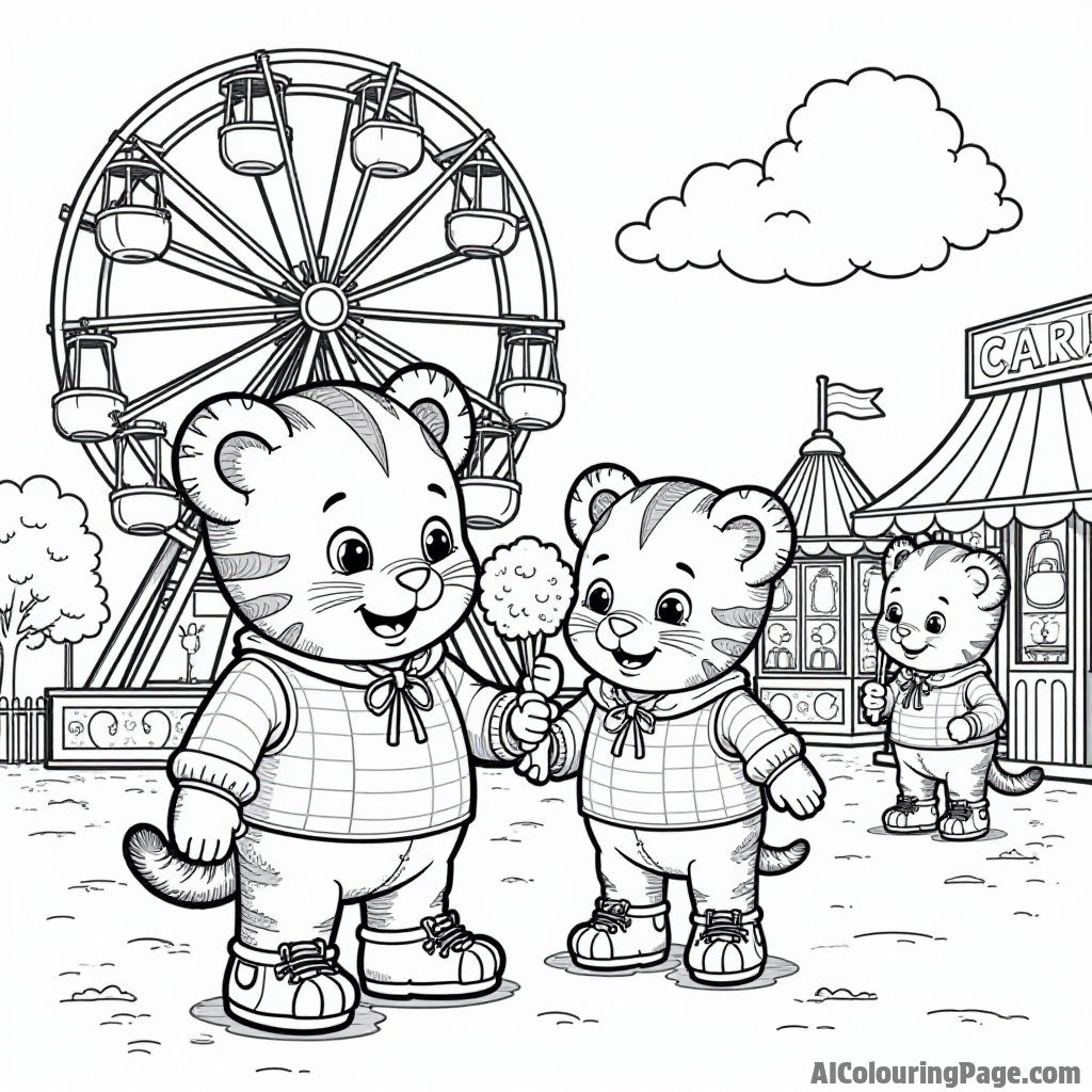 Daniel Tiger and his friends having fun at a carnival with a colorful Ferris wheel, games, and cotton candy stands.