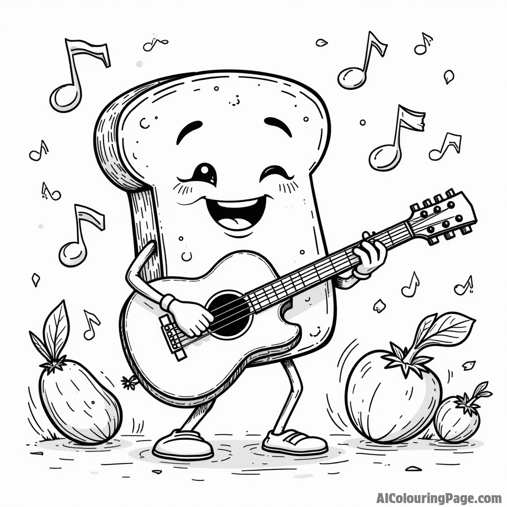 A cartoonish bread slice character playing guitar, surrounded by musical notes and a bunch of colorful vegetables dancing.