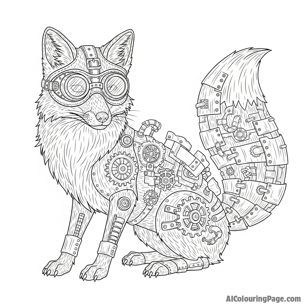 A steampunk fox with intricate brass gears and leather goggles, hyper-detailed.