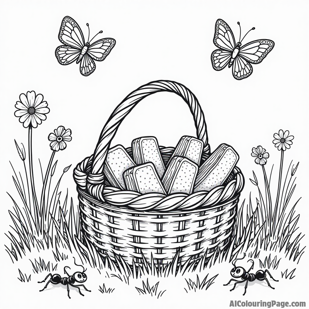 A picnic scene with a basket full of sandwiches, surrounded by playful ants and colorful butterflies in a meadow.