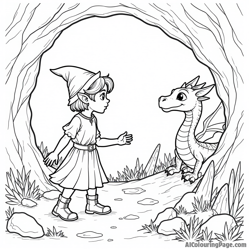 An elf exploring a hidden cave filled with sparkling crystals, with a friendly dragon peeking out, providing an adventurous and mysterious scene for kids to color in their fantasy worlds.