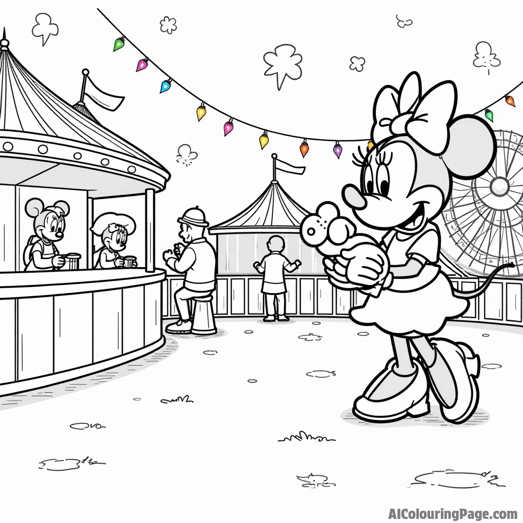 Minnie Mouse at a funfair, playing games, winning prizes, and enjoying rides with colorful lights twinkling around her