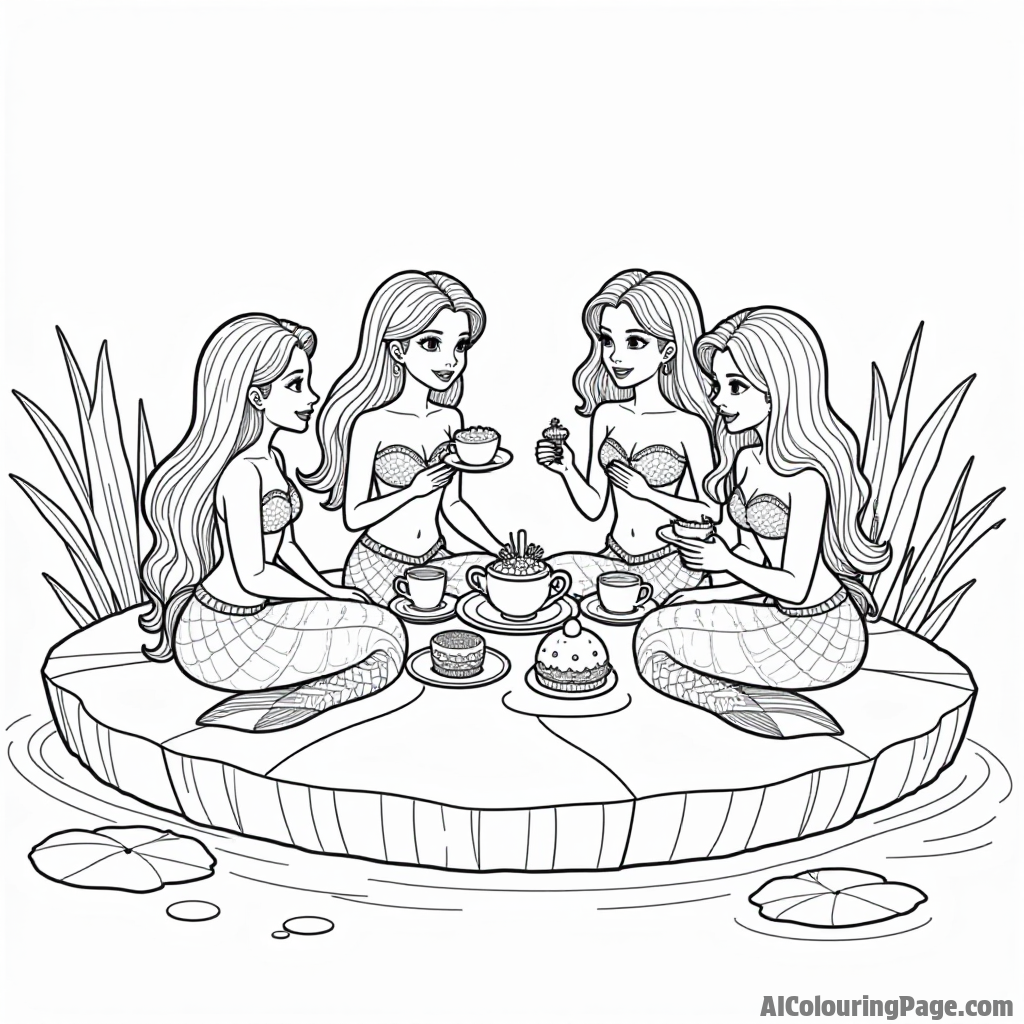 A group of mermaids having a tea party on a giant lily pad, with cupcakes and seaweed sandwiches in hand.