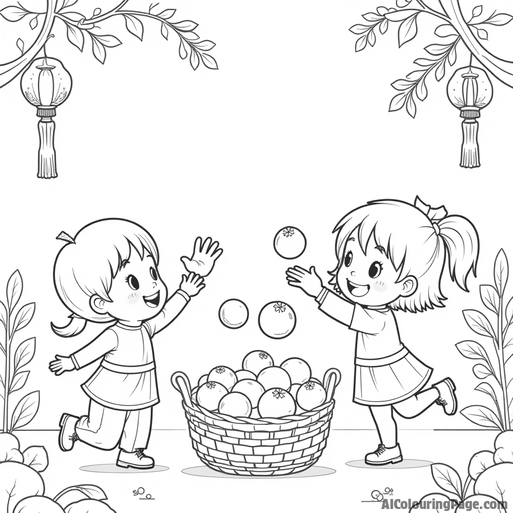 A festive scene with children tossing oranges into a basket, symbolizing good luck and wealth, surrounded by decorations and plants, illustrating the joyful spirit of the Chinese New Year festivities.