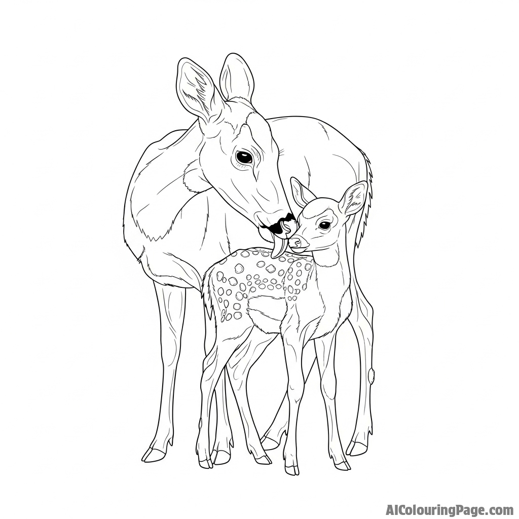 A doe tenderly grooming her fawn with gentle licks.