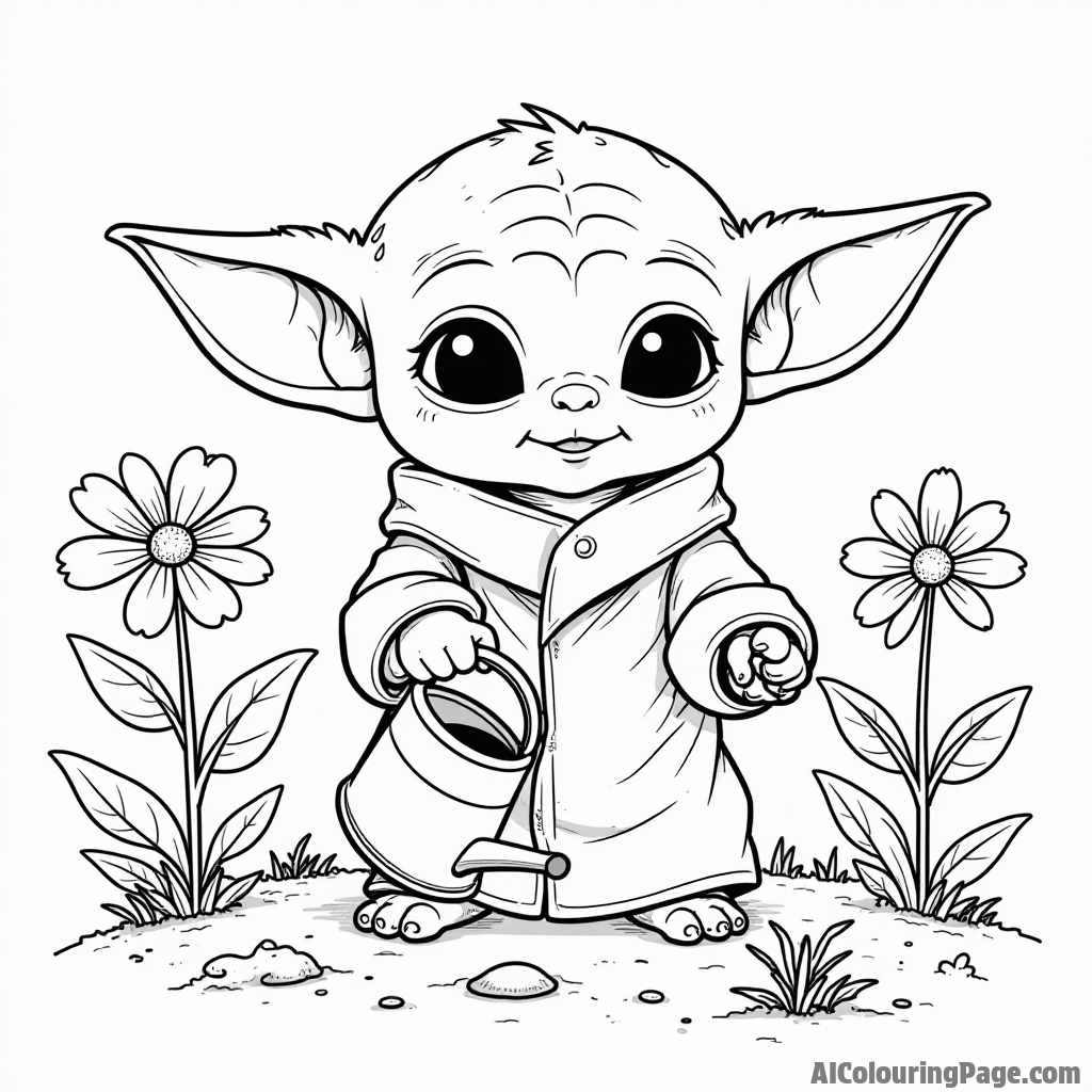 Baby Yoda planting seeds in a garden with a watering can and flowers blooming nearby