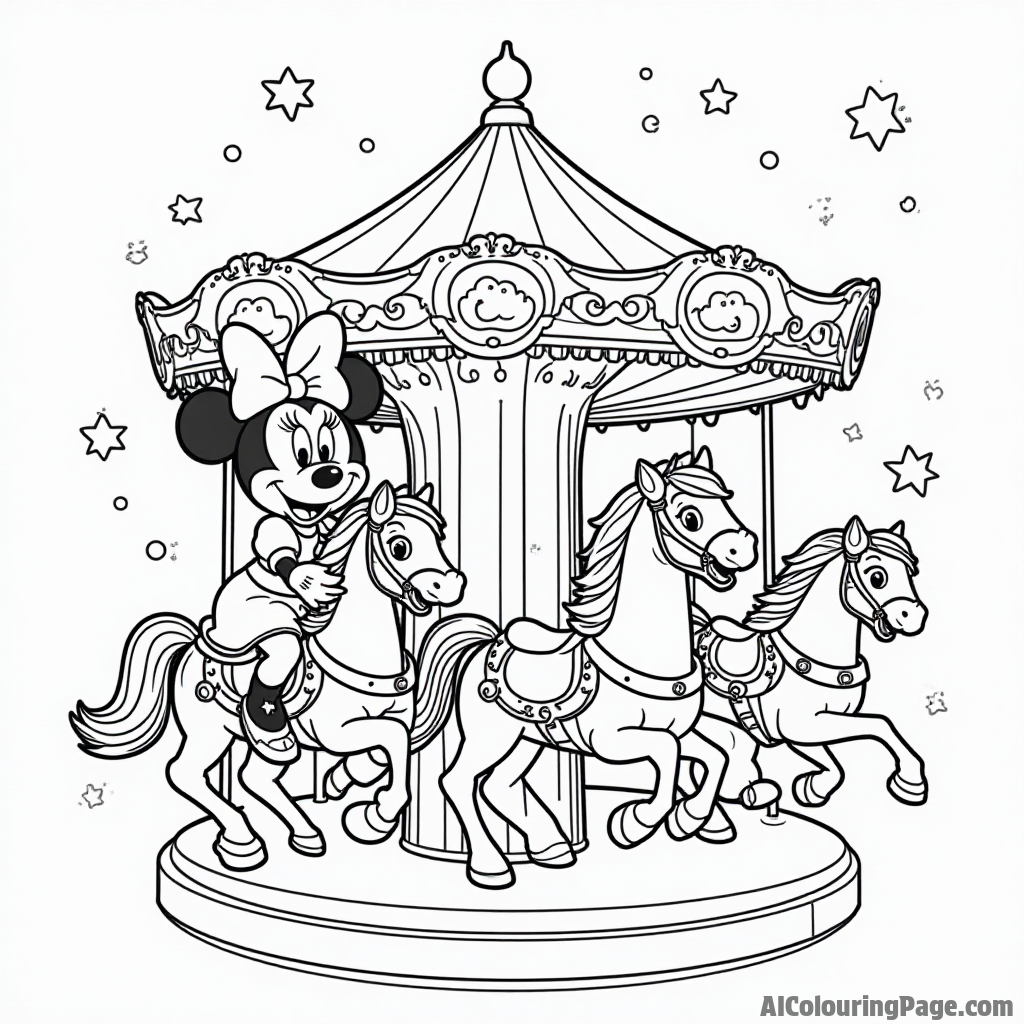 Minnie Mouse riding a carousel with colorful horses, surrounded by cheerful children and festive decorations.