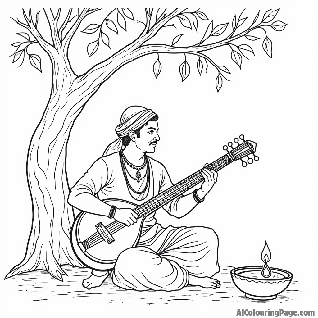 A traditional Indian musician playing a sitar under a tree adorned with lights, creating a harmonious atmosphere during Diwali celebrations for a creative experience in Festivals and Traditions Coloring Sheets.