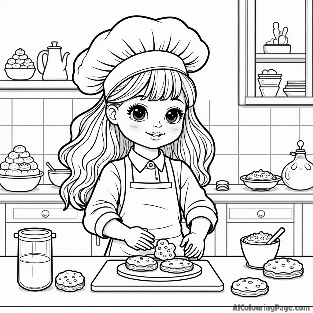 A doll dressed as a chef, baking cookies in a kitchen filled with ingredients and utensils, creating a delicious scene for kids to color.