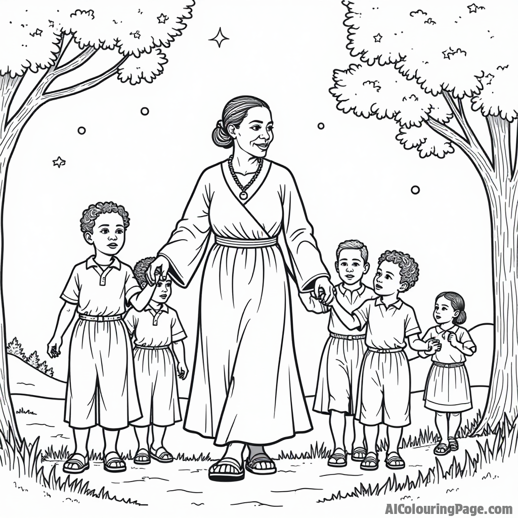 A historical figure like Harriet Tubman leading a group of children to freedom, with trees and a night sky, symbolizing courage and bravery, perfect for a black and white coloring book.