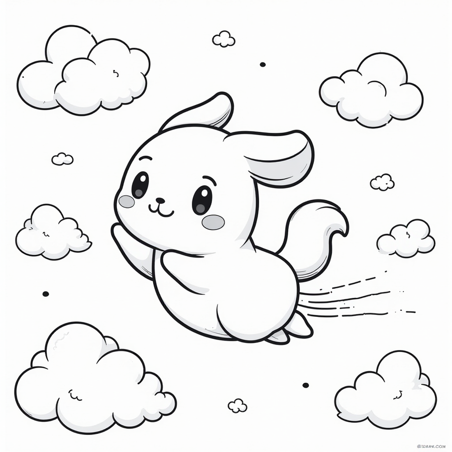 Cinnamoroll flying with fluffy clouds