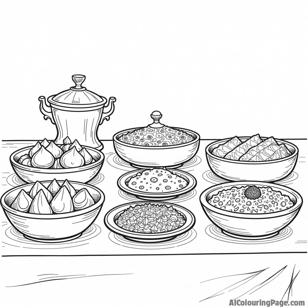 A table set for iftar with a variety of traditional dishes, including samosas and biryani, creating a delicious and inviting atmosphere for Ramadan meals. Festivals and Traditions Coloring Sheets.