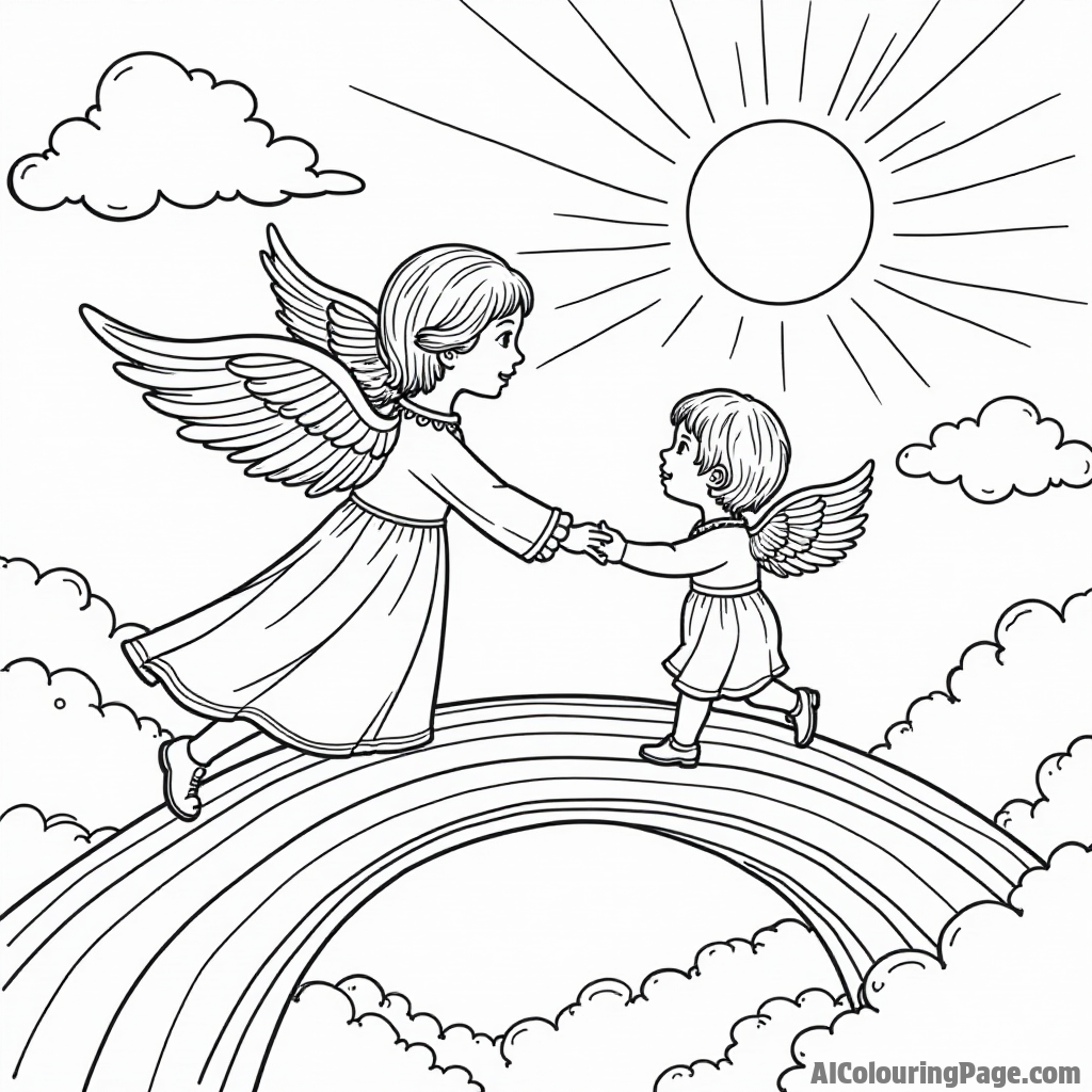 A gentle angel guiding a child across a rainbow bridge towards a bright, shining city in the sky.