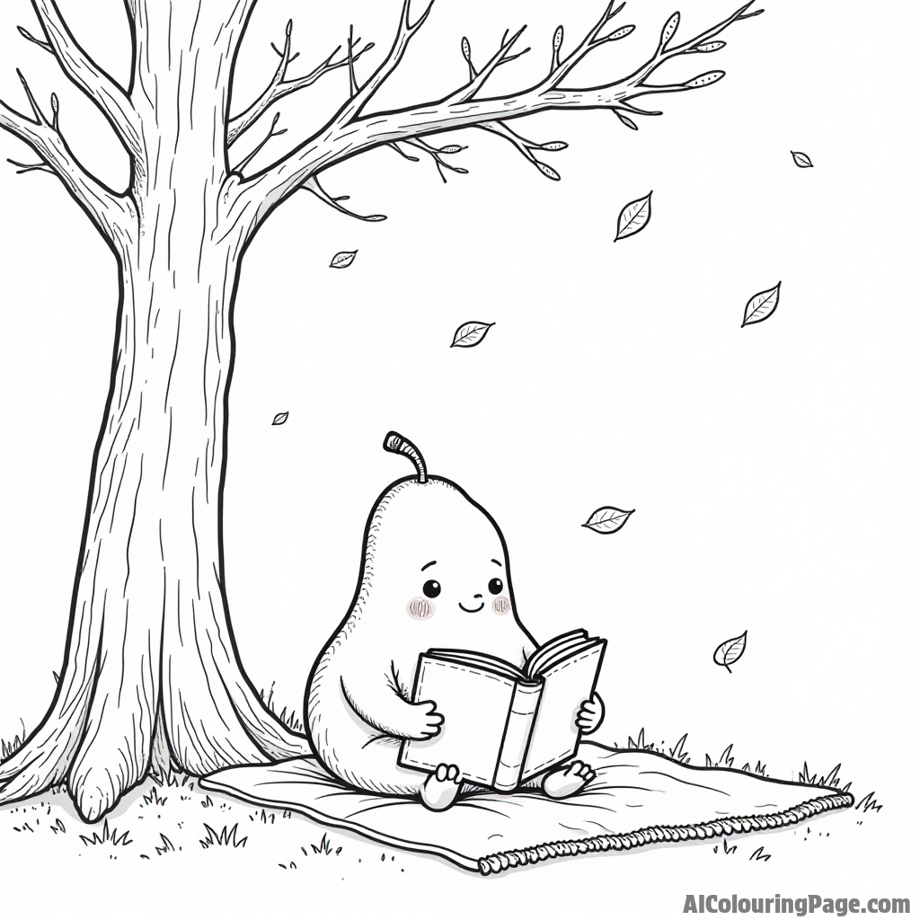 A friendly pear character reading a book under a tree, with falling leaves and a cozy blanket nearby.