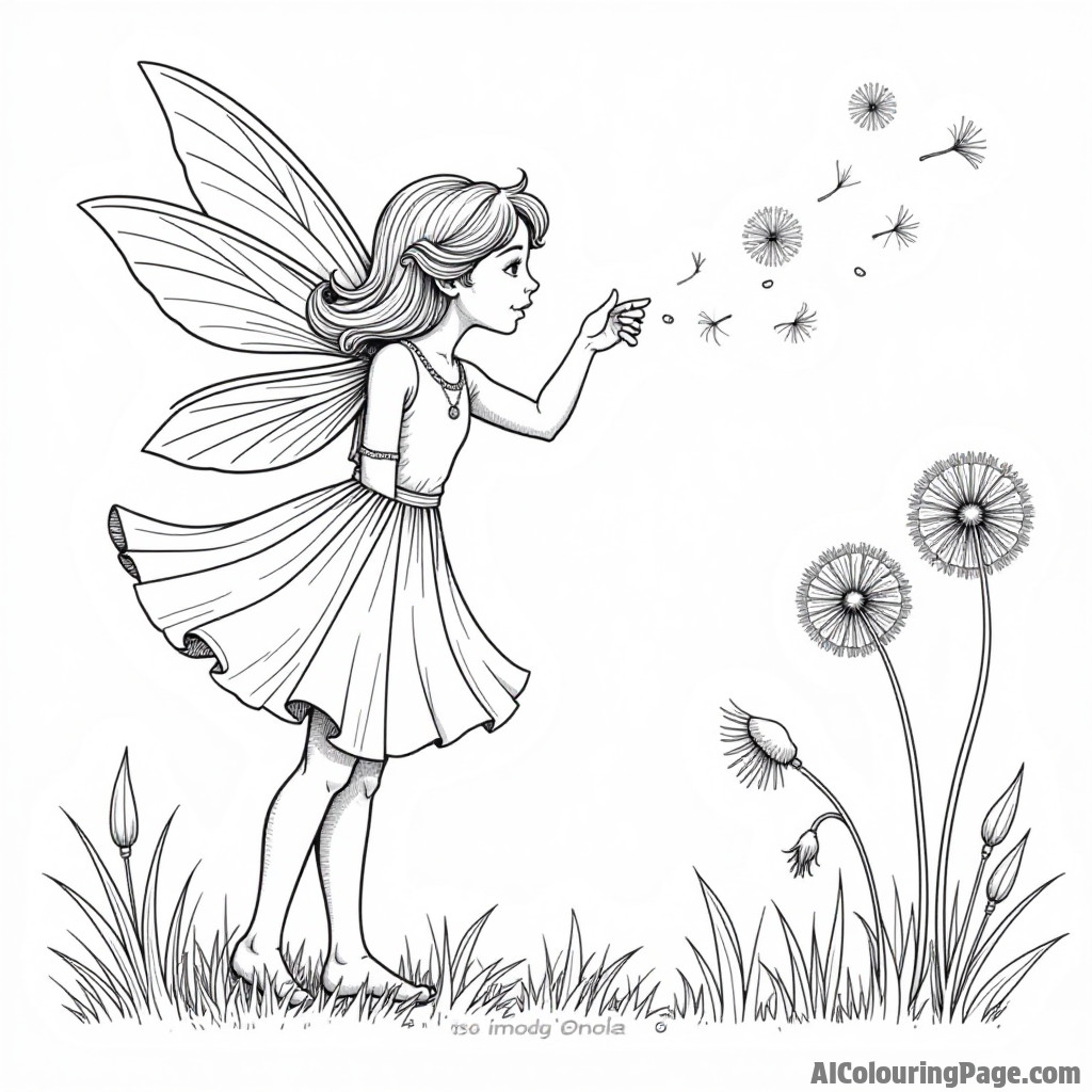 A fairy making wishes come true by blowing dandelion seeds into the wind on a warm afternoon