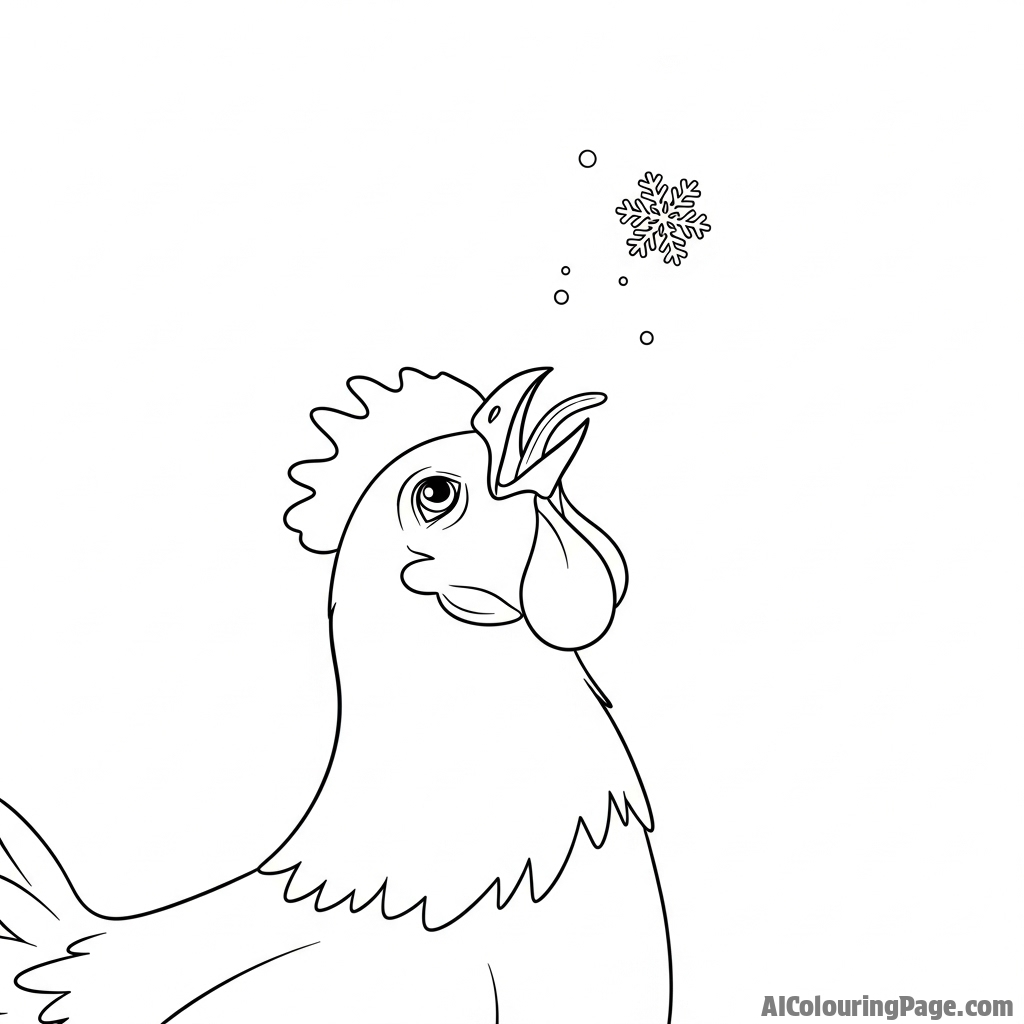 A chicken trying to catch a snowflake on its tongue.