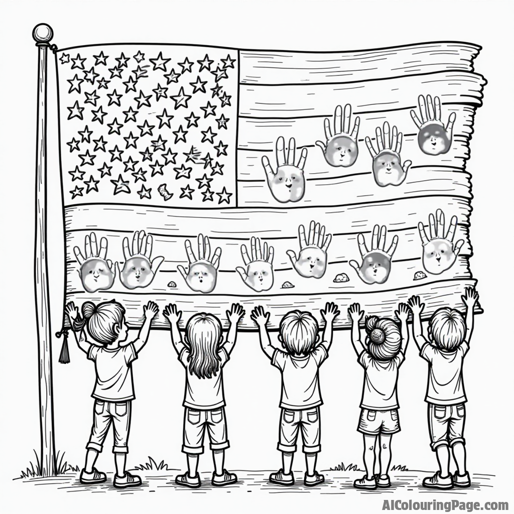 A fun illustration of kids making a giant American flag out of handprints, with presidents' portraits in the corner, celebrating unity and diversity in history.