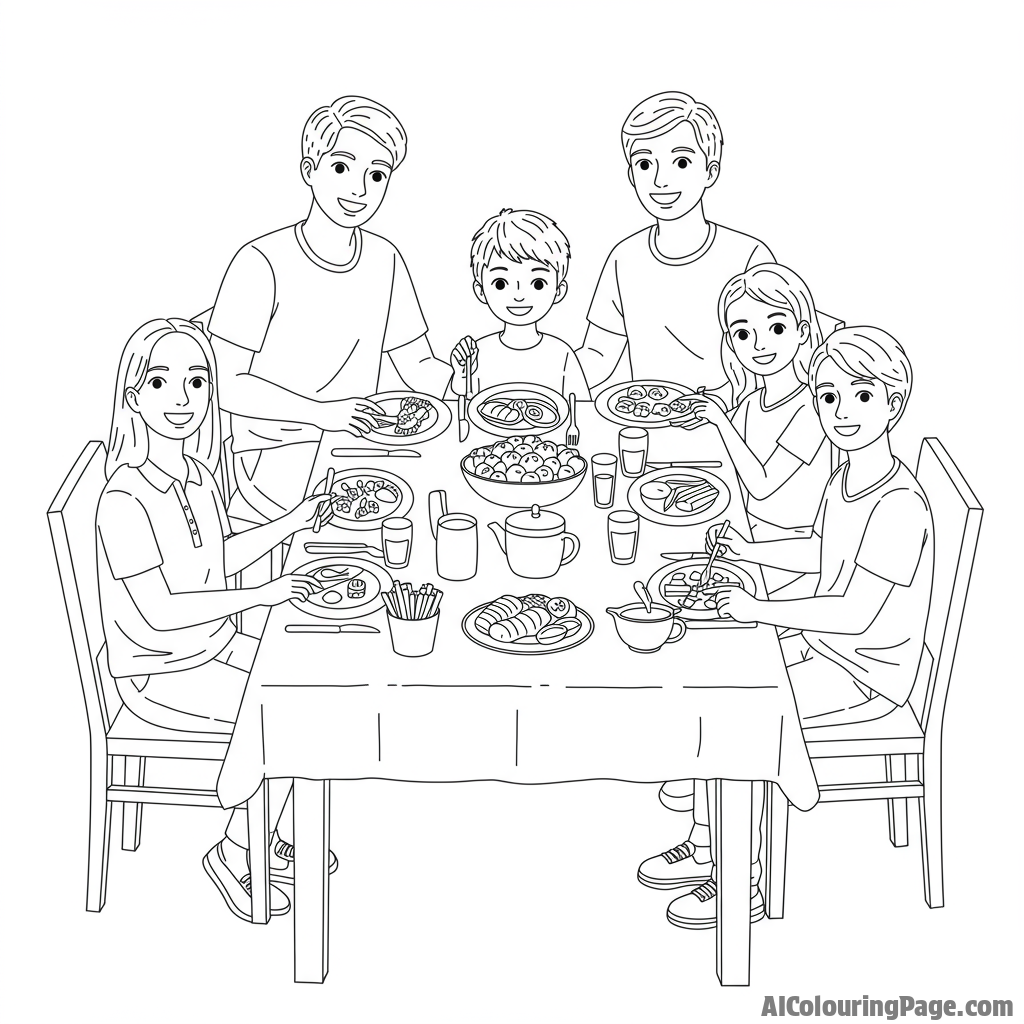 A family gathered around a table, sharing a meal and enjoying each other's company.