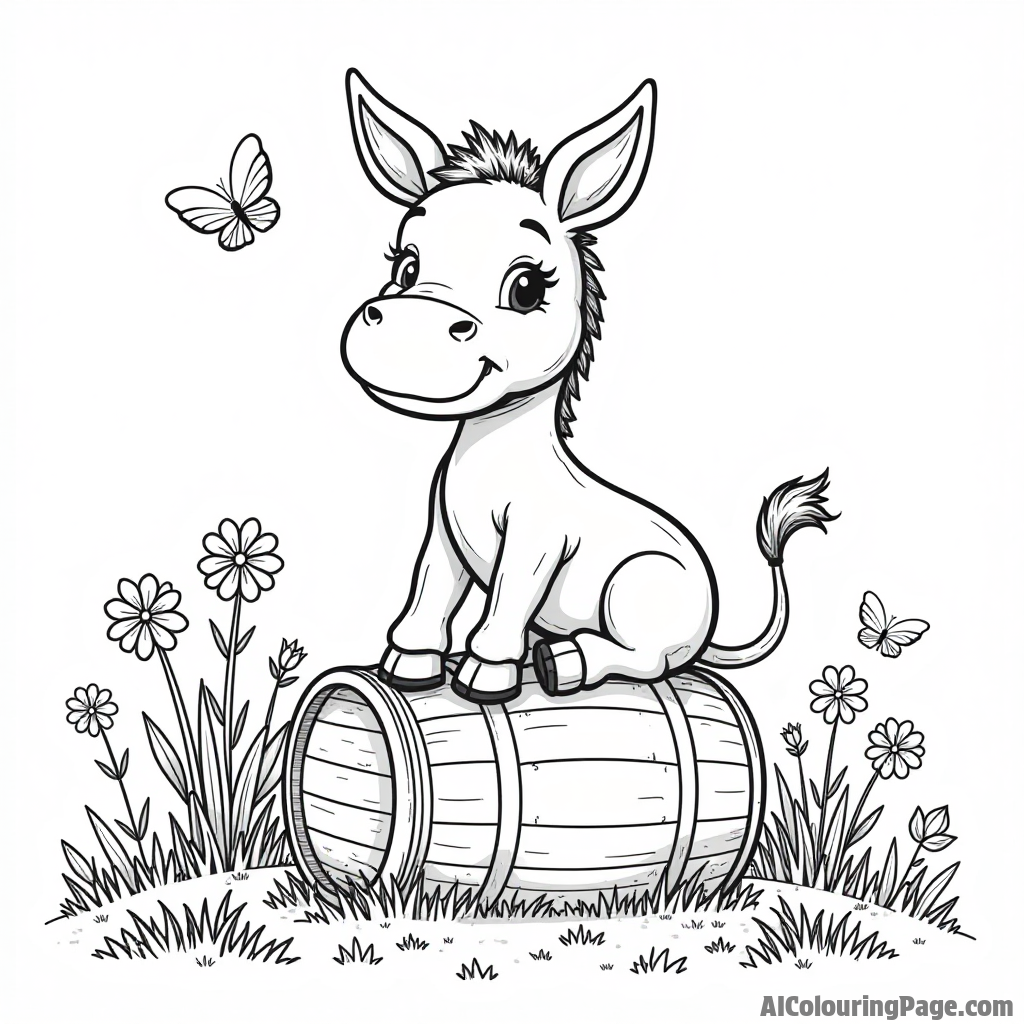 A friendly donkey sitting on a pile of colorful barrels, surrounded by flowers and butterflies in a sunny meadow