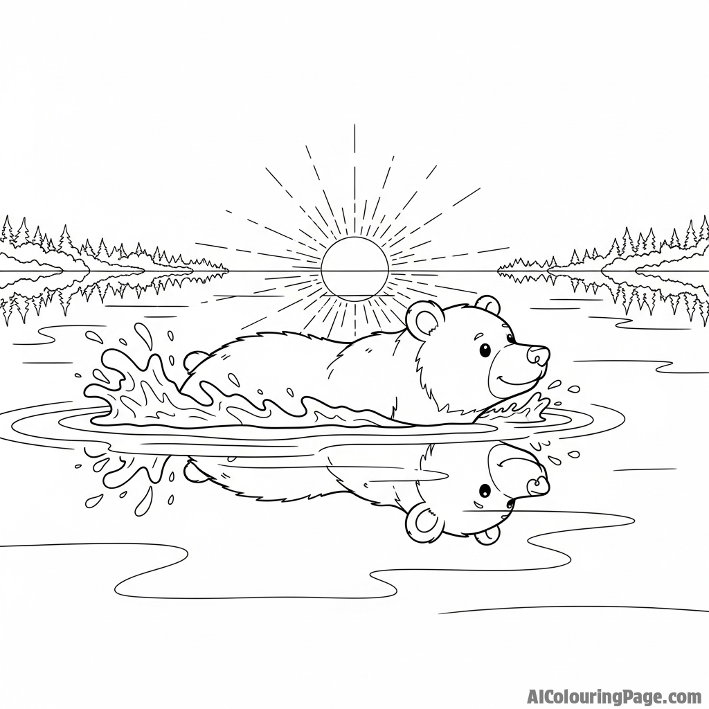 A bear swimming across a still, reflective lake at dawn.