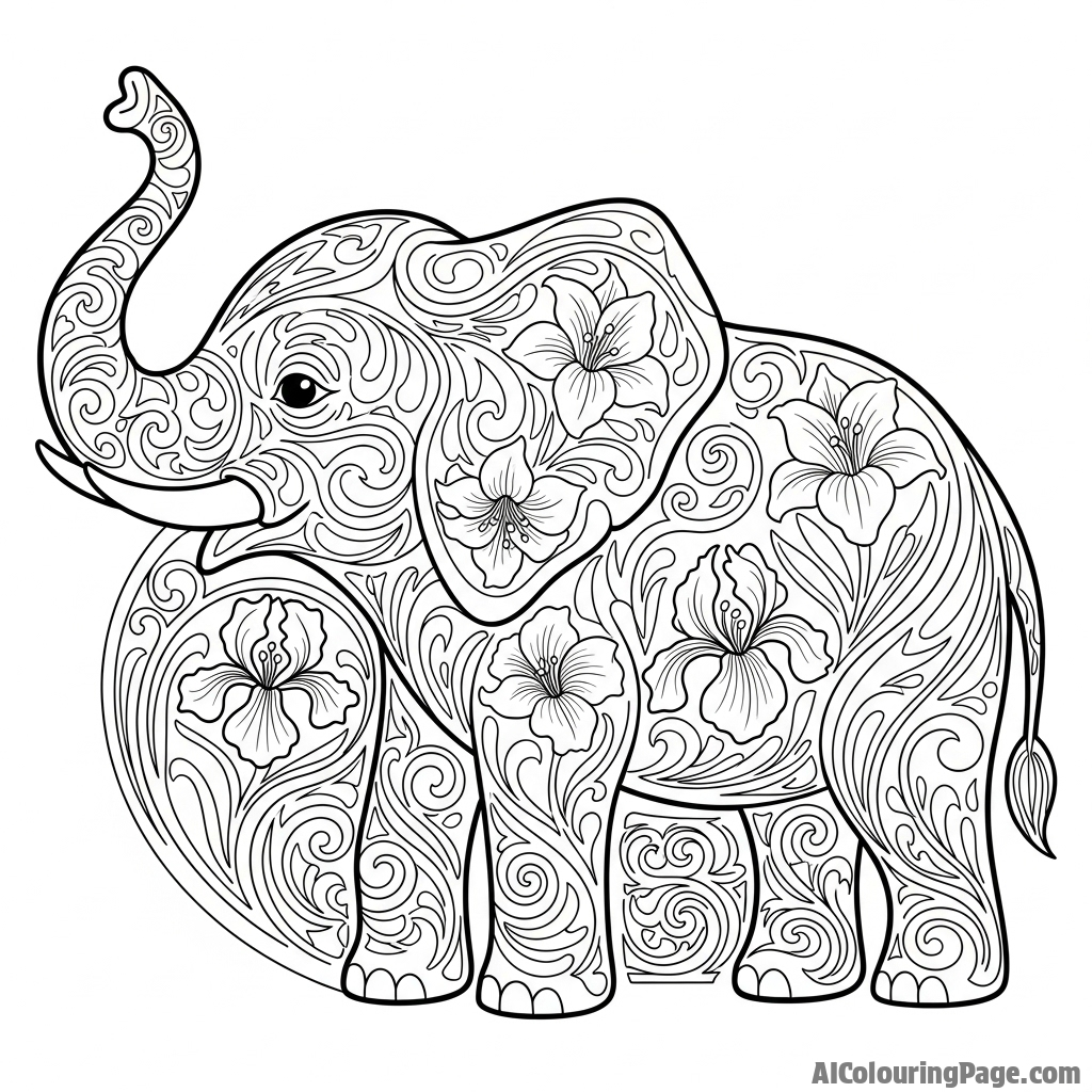 An Art Nouveau depiction of an elephant with swirling, organic lines and floral motifs.