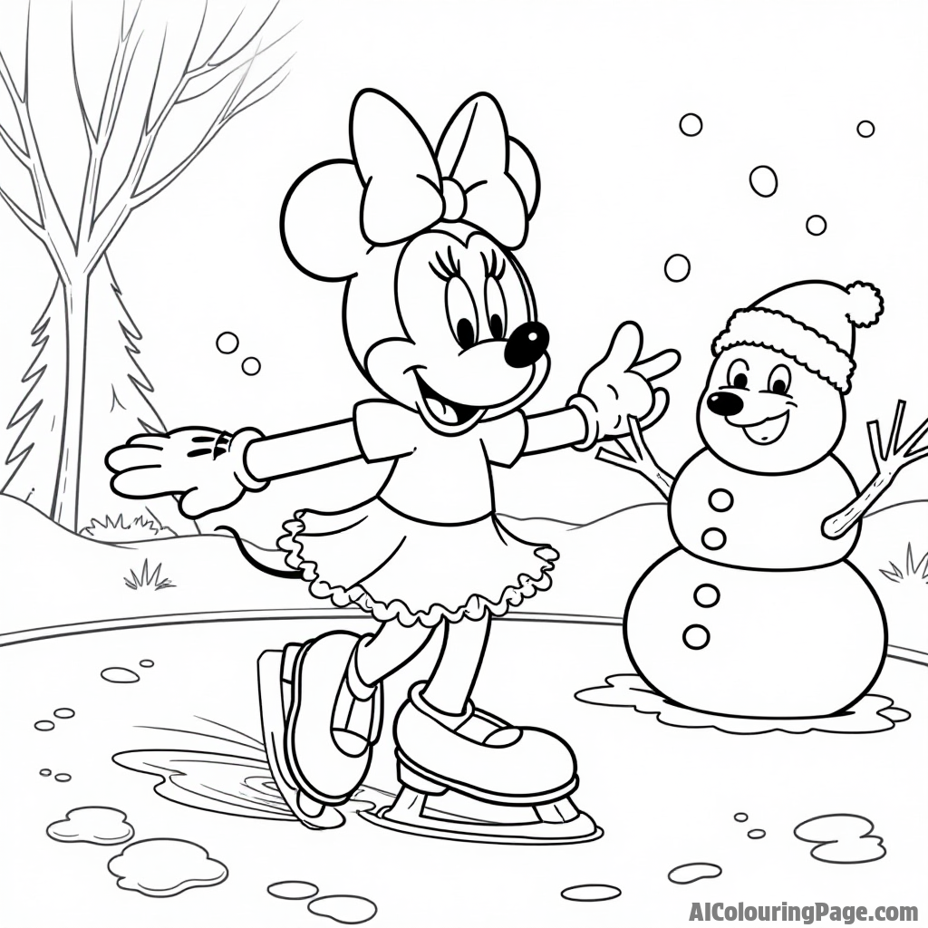 Minnie Mouse ice skating on a frozen pond, with snowflakes falling and a snowman smiling nearby.