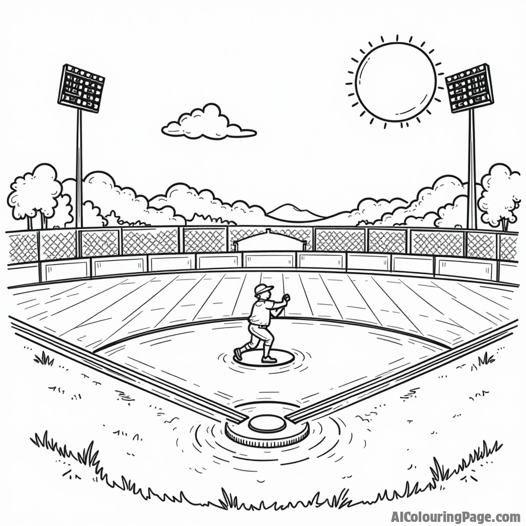 A cartoon-style baseball field with bases, a pitcher winding up to throw, and a big sun shining above, ready for children to bring it to life with colors.