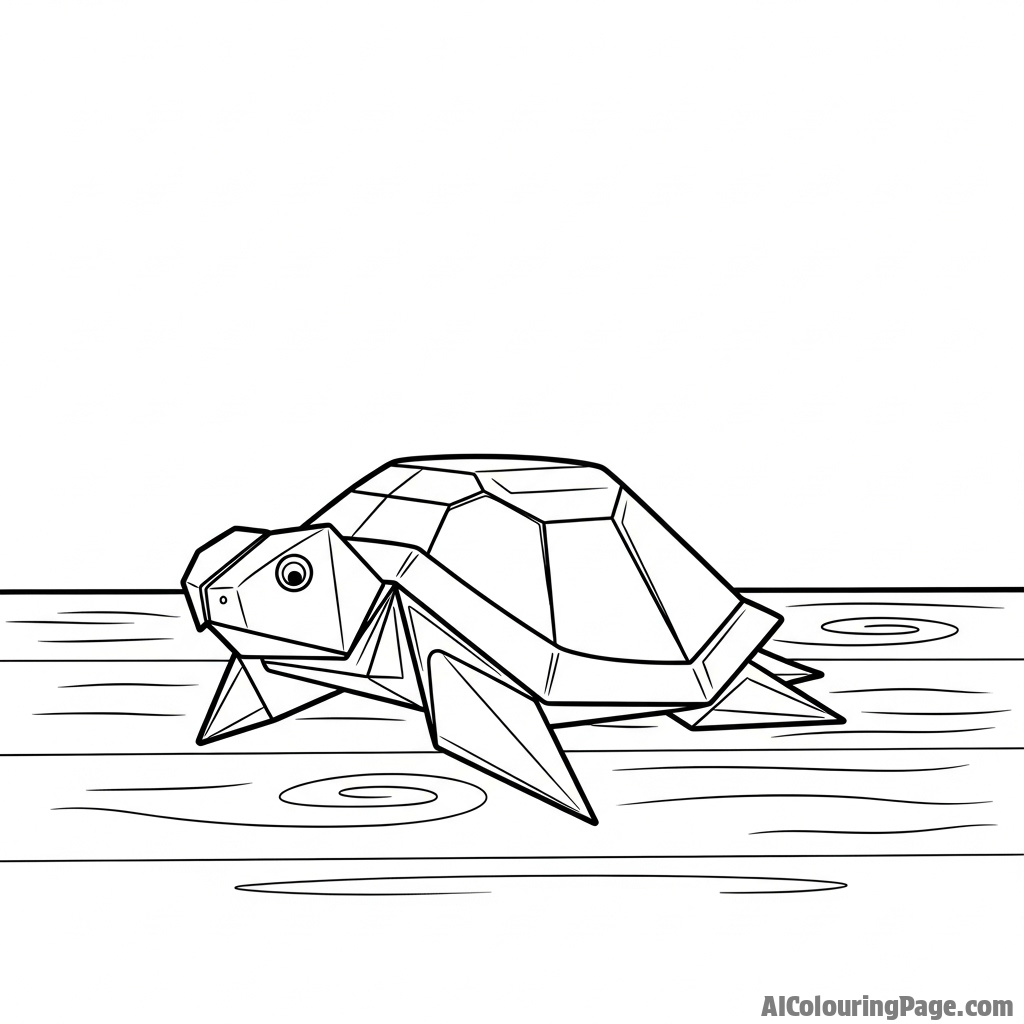 An origami turtle sitting on a polished wooden surface.