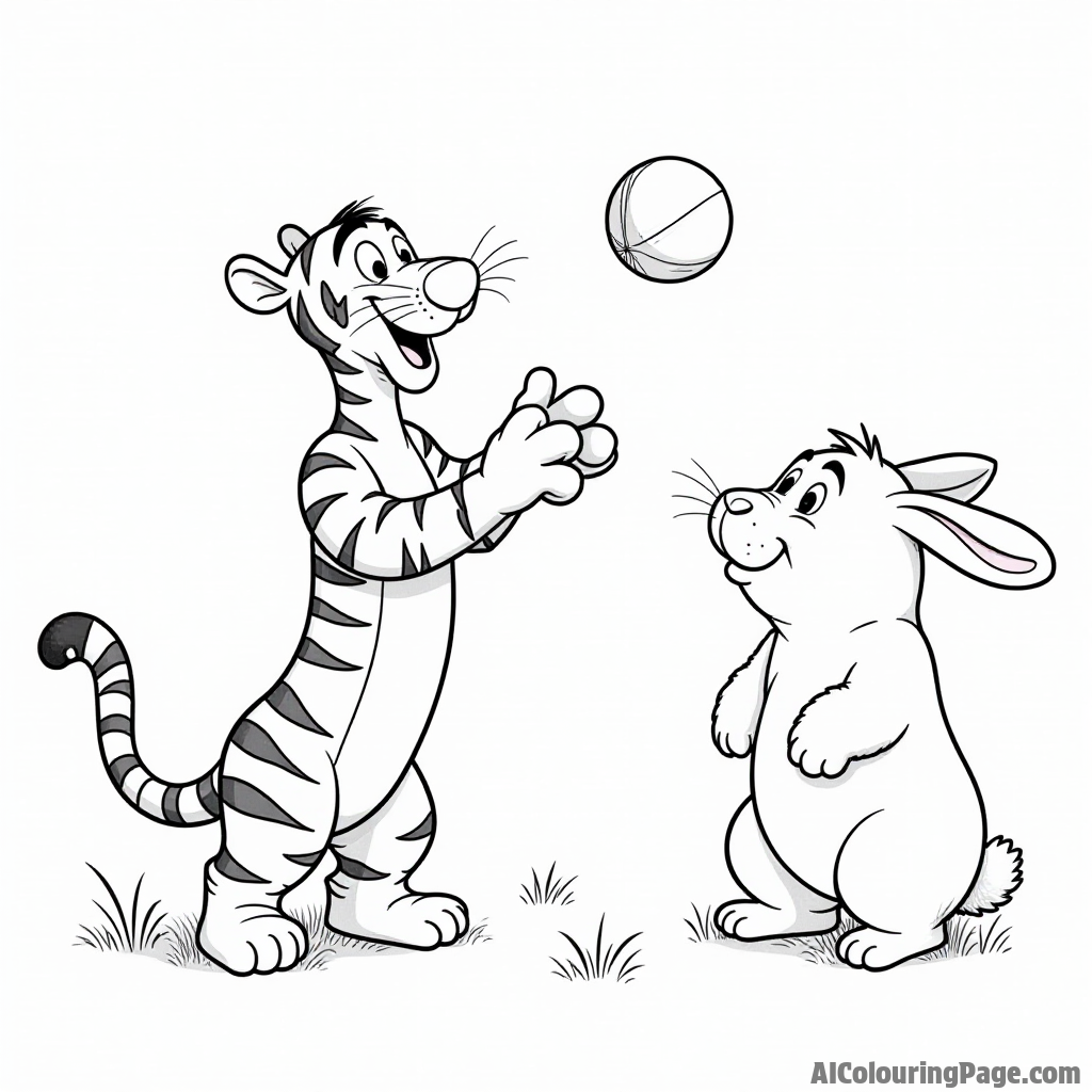 Tigger and Eeyore playing catch with a ball, while Rabbit watches from the sidelines, cheering them on enthusiastically.