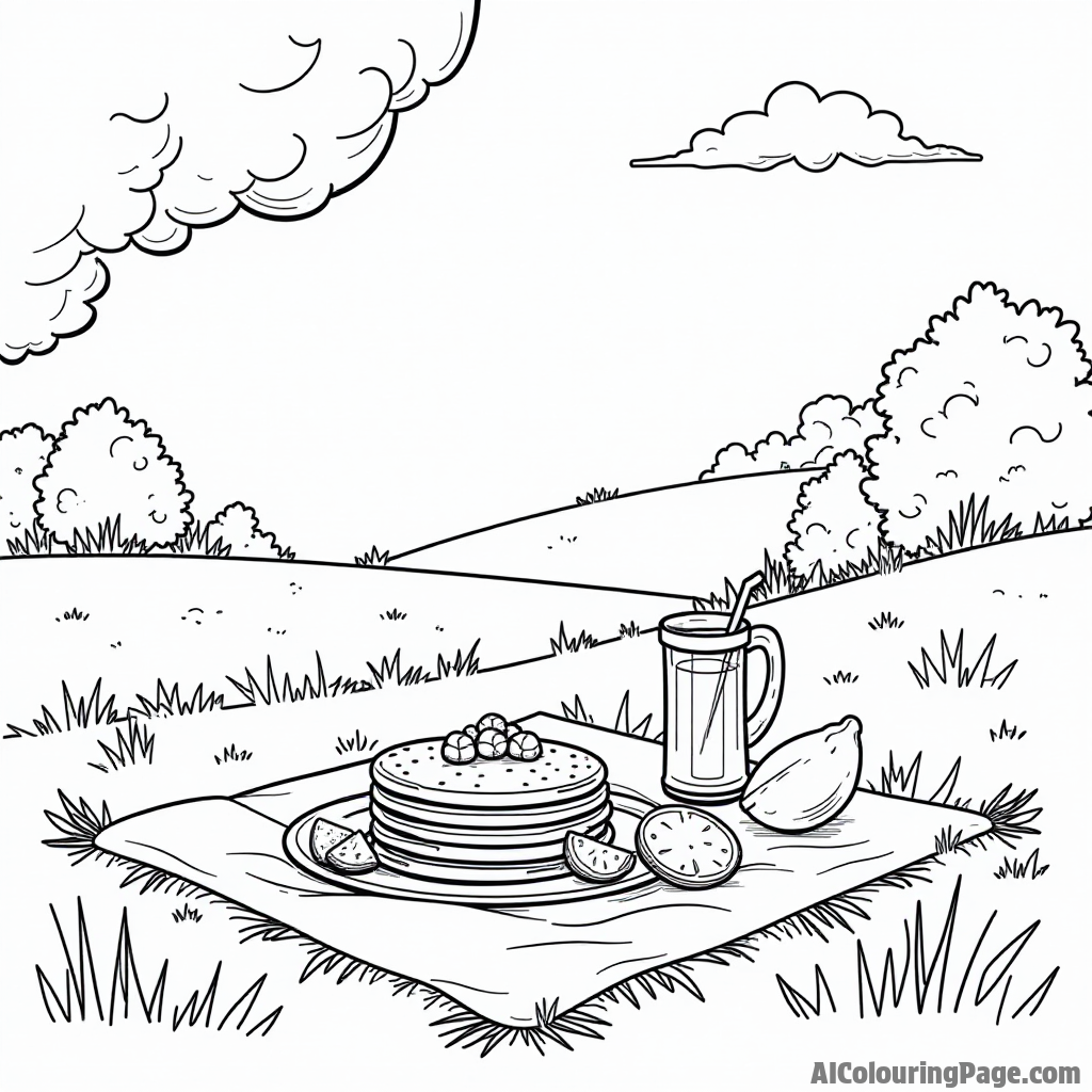 A picnic scene in a meadow with a blanket filled with pancakes, fruit, and lemonade, under a blue sky