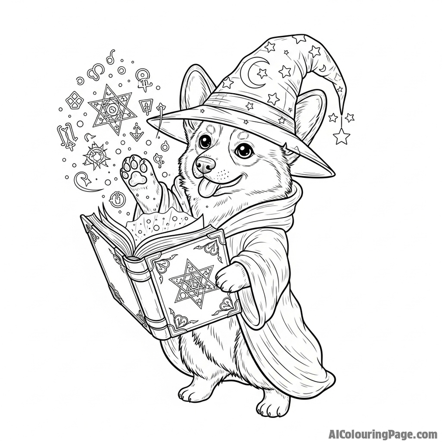 A corgi wizard in a pointed hat, casting a spell from a glowing book.