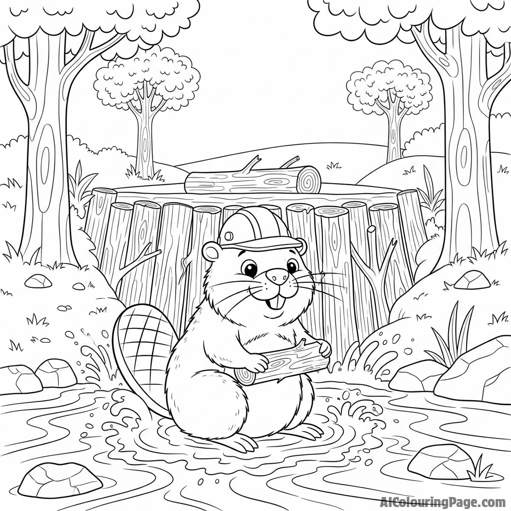 A beaver diligently working on its dam in a rushing stream