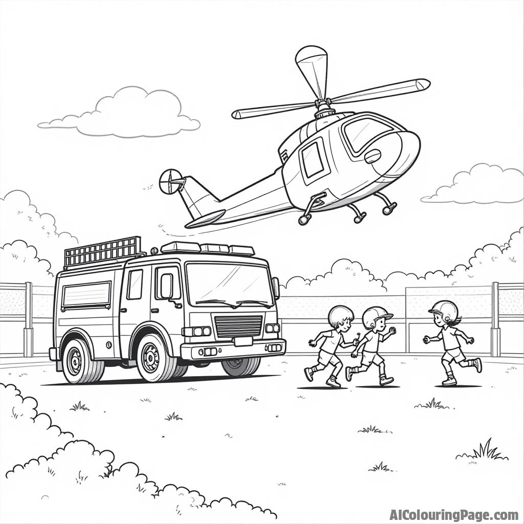 A fire truck and a rescue helicopter flying over a sports field where children are playing football, designed to inspire adventure and creativity in coloring.