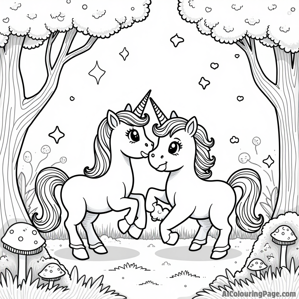 A pony and a unicorn playing together in a magical forest filled with whimsical trees and glowing mushrooms.