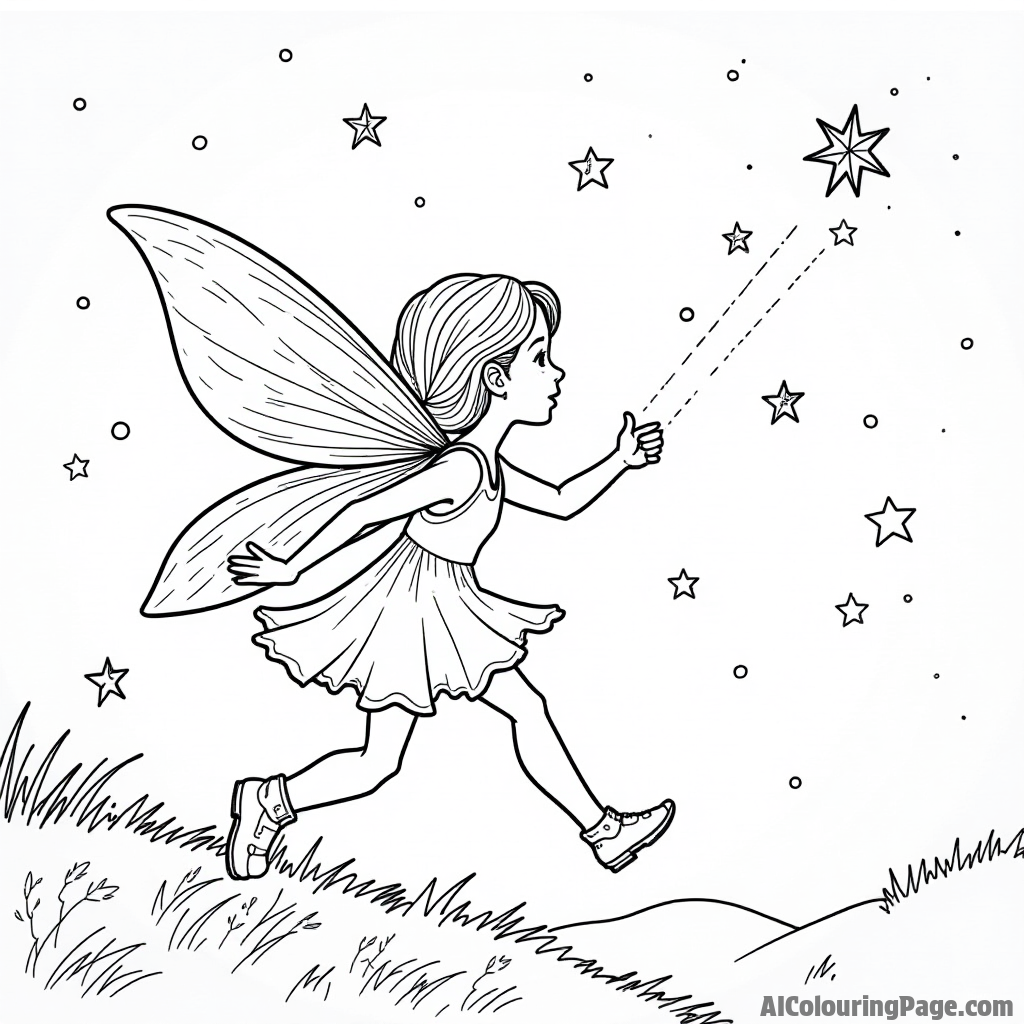 A fairy chasing after shooting stars in the night sky with a trail of sparkles behind her