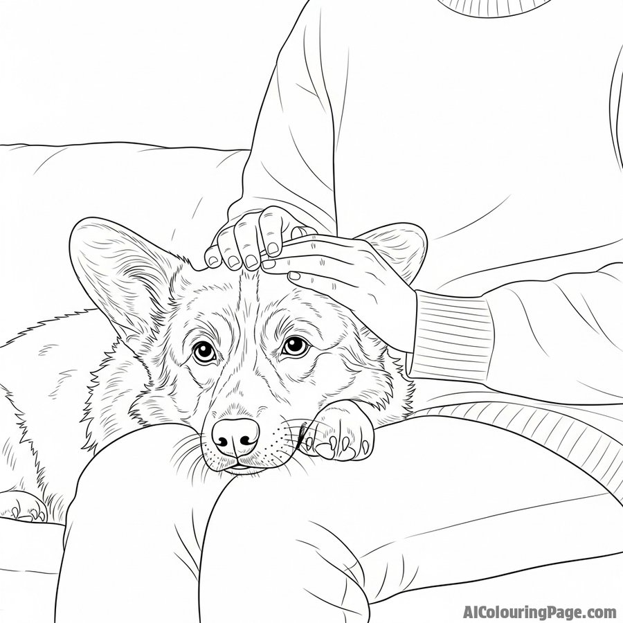 A heartwarming scene of an old corgi resting its head on its owner's lap.
