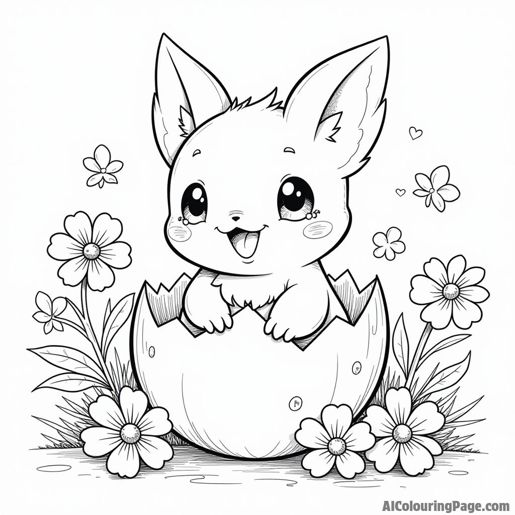 An adorable Togepi hatching from its egg surrounded by flowers and friendly Pokémon celebrating its arrival joyfully.