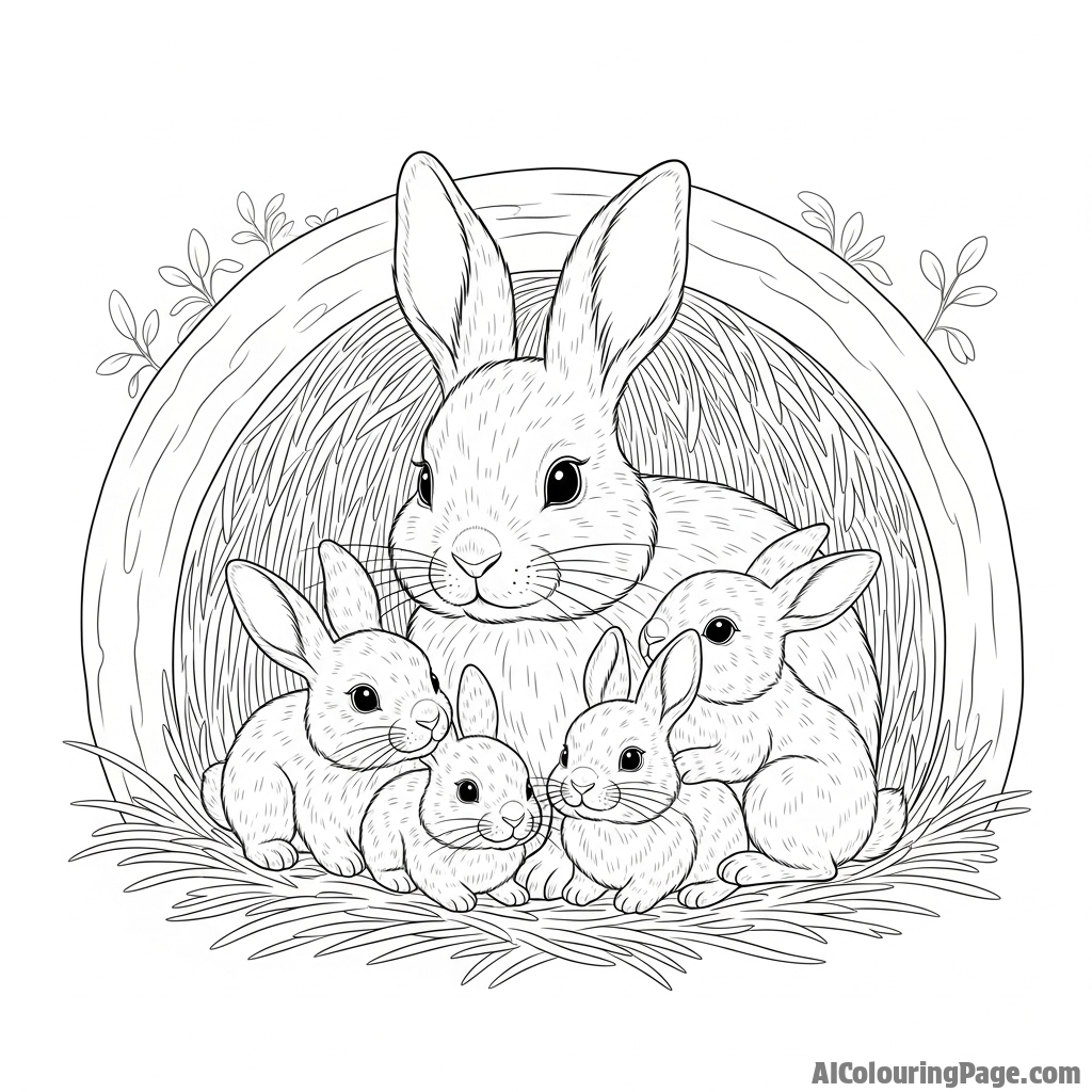 A family of bunnies huddled together in a cozy, straw-lined burrow.
