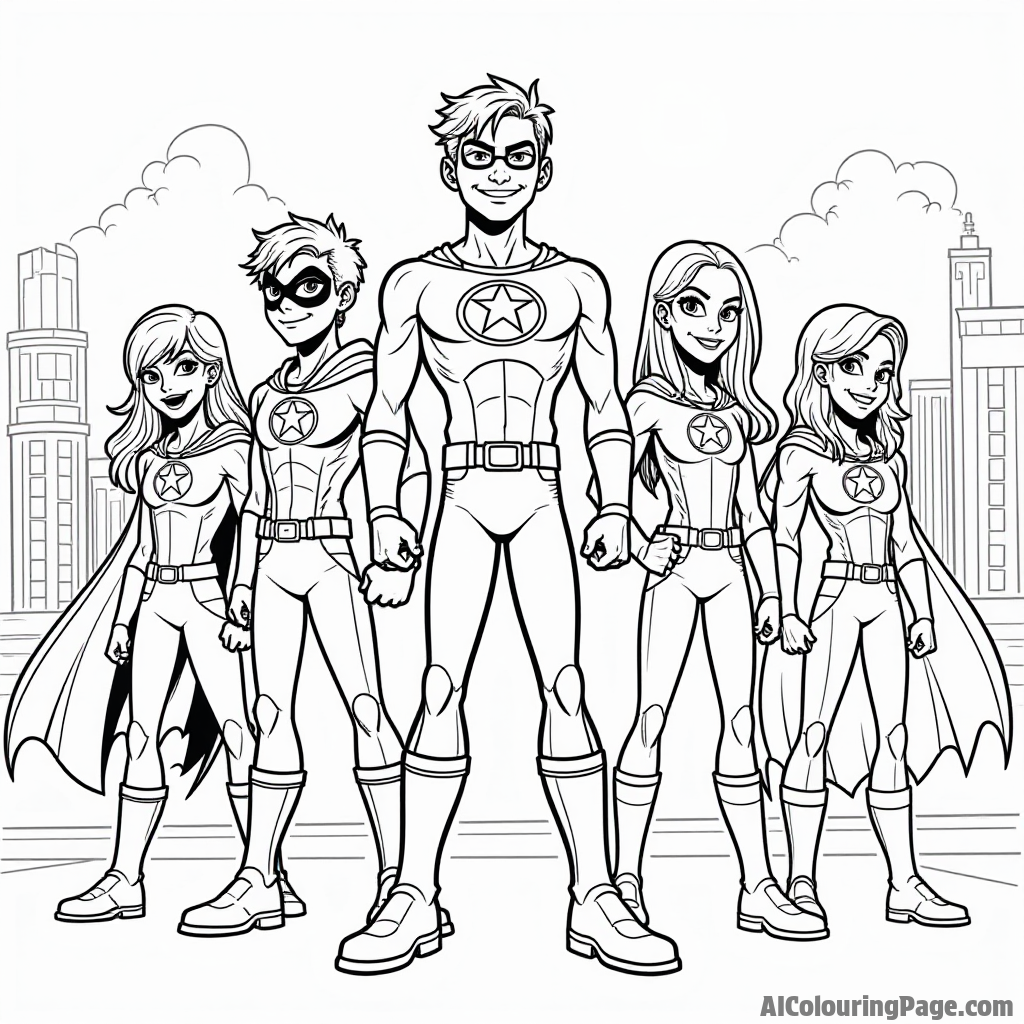 The Teen Titans in a fun group pose, each member showing their unique powers, with a city skyline in the background.