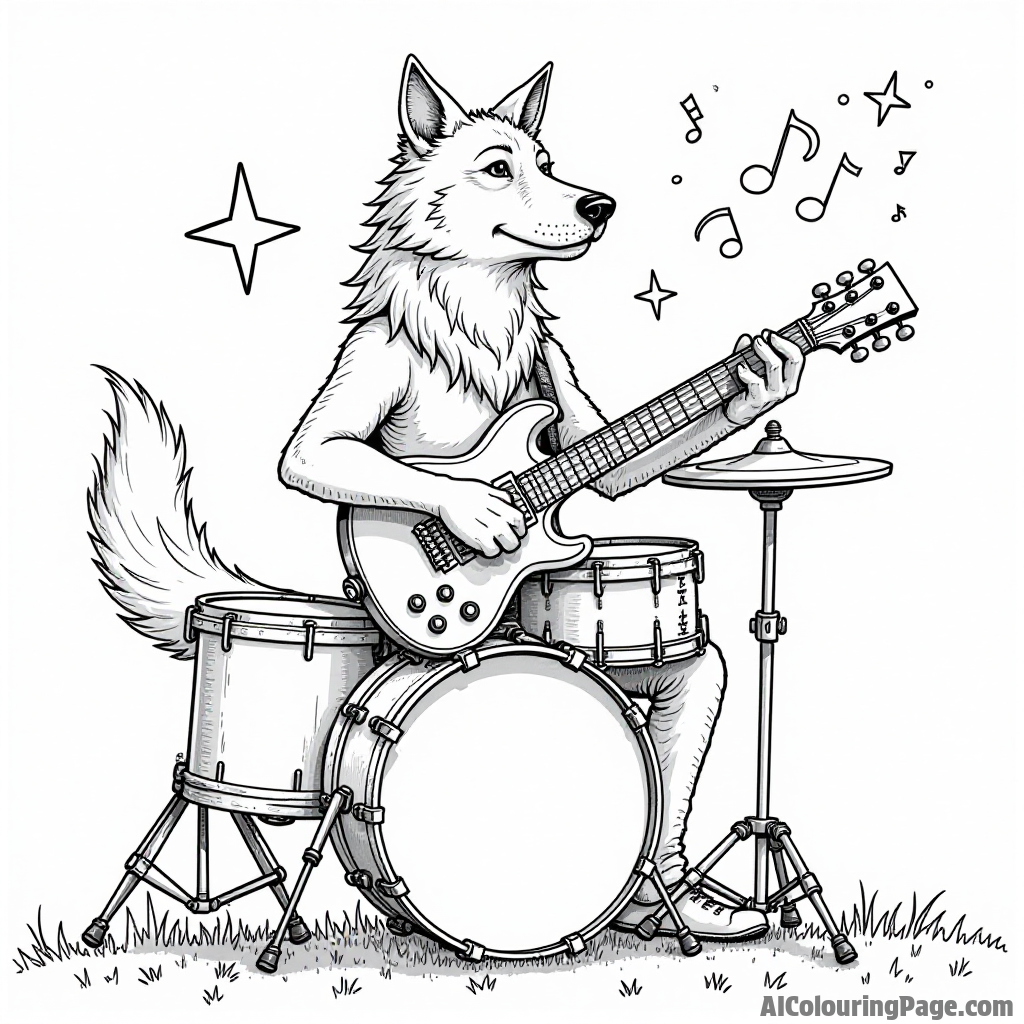 A werewolf playing in a band with musical instruments like drums, guitars, and magical notes floating in the air.