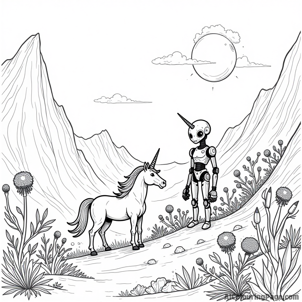 A unicorn and a robot exploring an alien landscape filled with bizarre plants and glowing orbs, blending fantasy and science fiction.