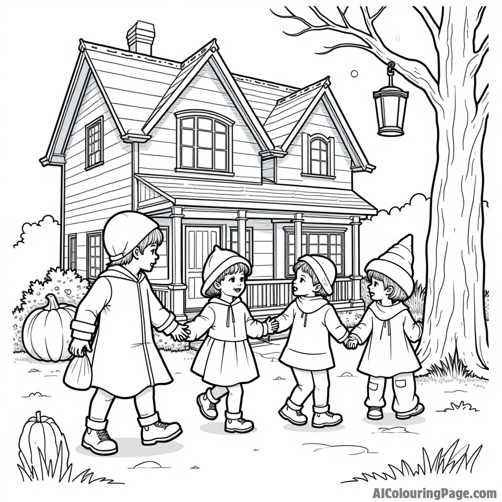 A group of children in costumes trick-or-treating at a decorated house with glowing lanterns and cobwebs.