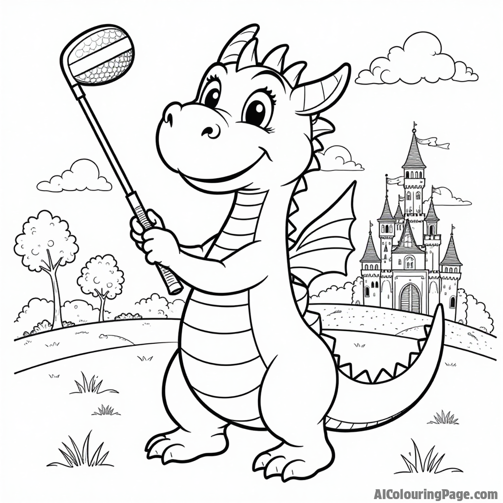 A friendly dragon holding a golf club, looking determined as it prepares to swing, with a magical castle in the background and fluffy clouds in the sky for coloring.