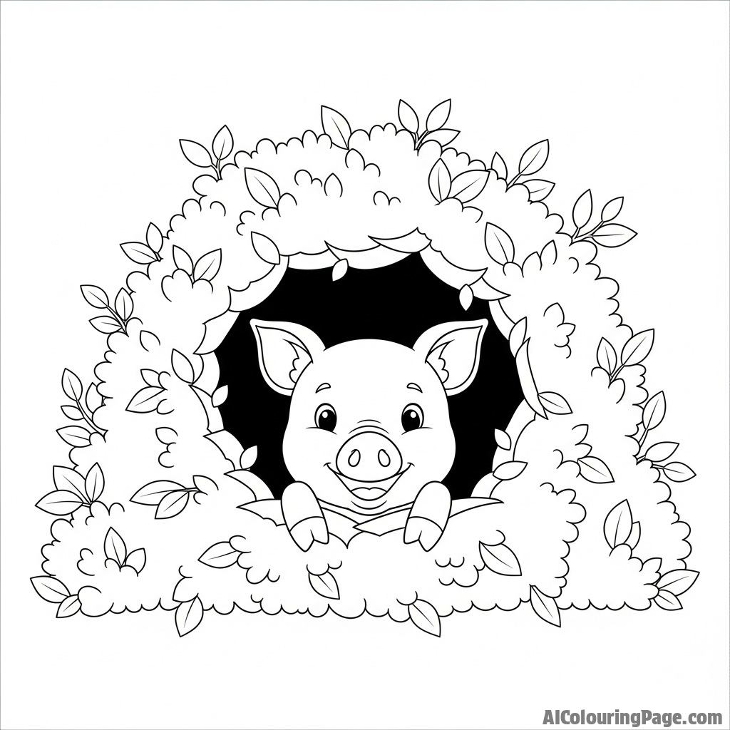A piglet peeking through a hole in a leafy hedge.