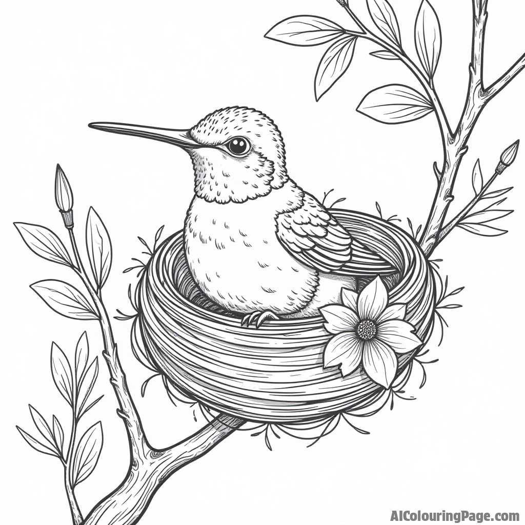 A hummingbird nestled in a nest made of flowers resting on a branch of a tree.